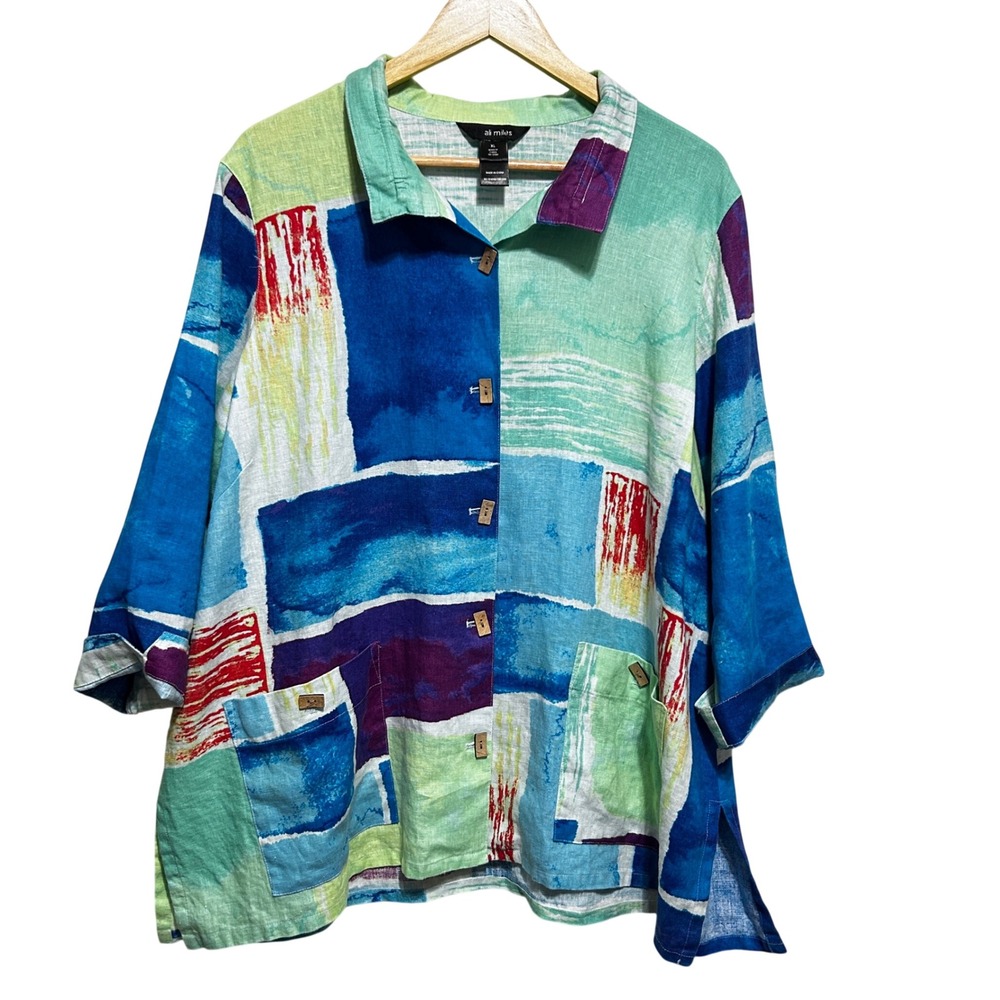 Ali Miles Women Linen Tunic‎ Jacket Top XL Multicolor Abstract Artwear Lagenlook